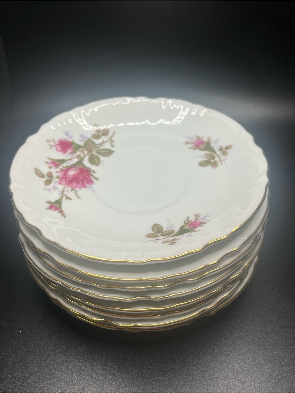 Royal Rose Fine China saucer Plates Set of 8 Pink Rose Gold Trim